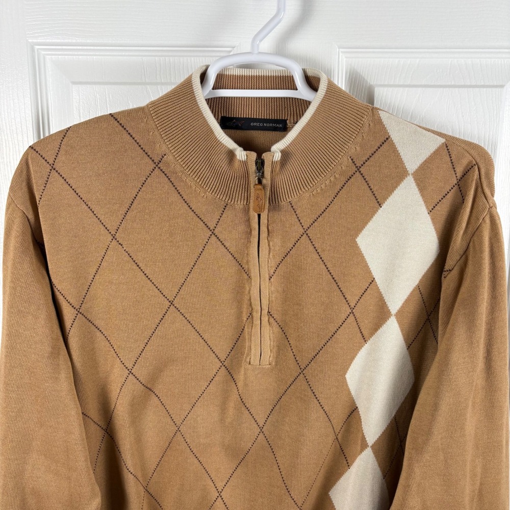 Greg Norman Men's XL Argyle Quarter-Zip‎ Sweater Tan Camel Golf Eclectic Grandpa - Picture 3 of 7